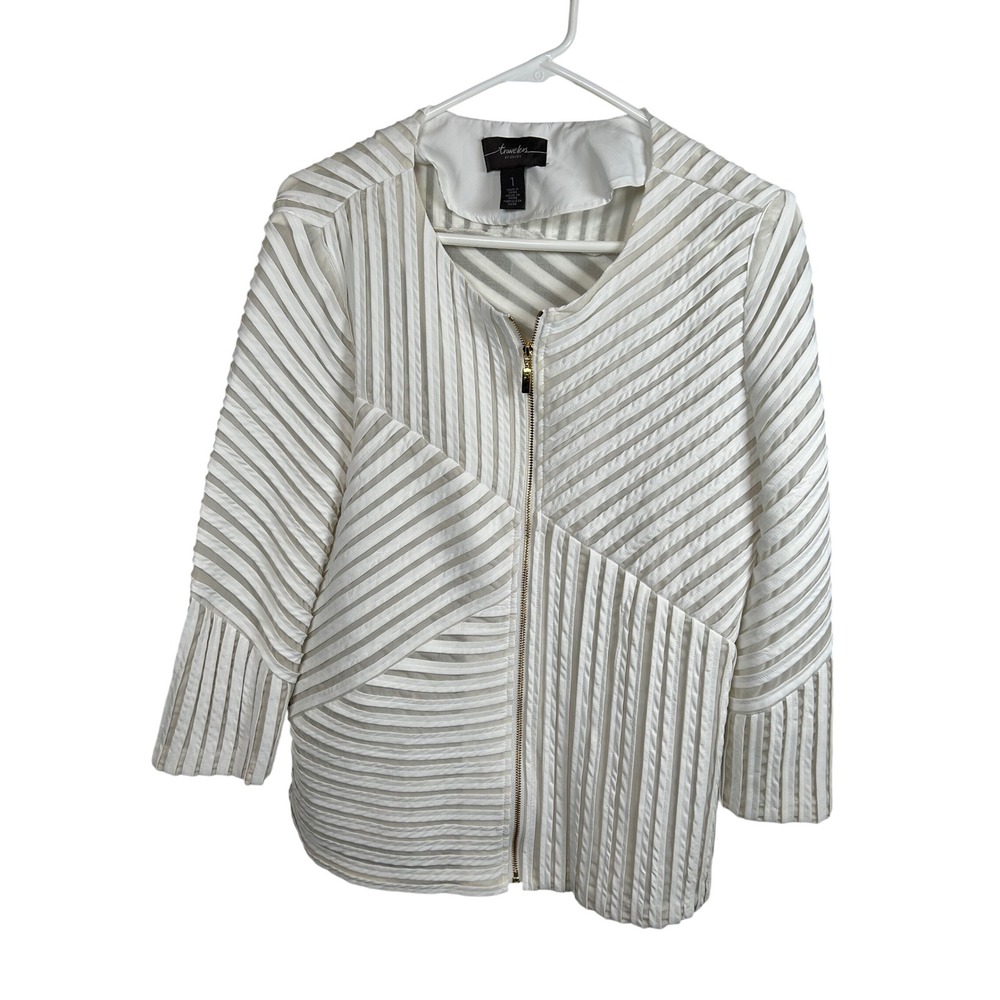 Chicos Travelers Jacket 1 Medium White Mesh Stripe Zip Up Sheer Lightweight